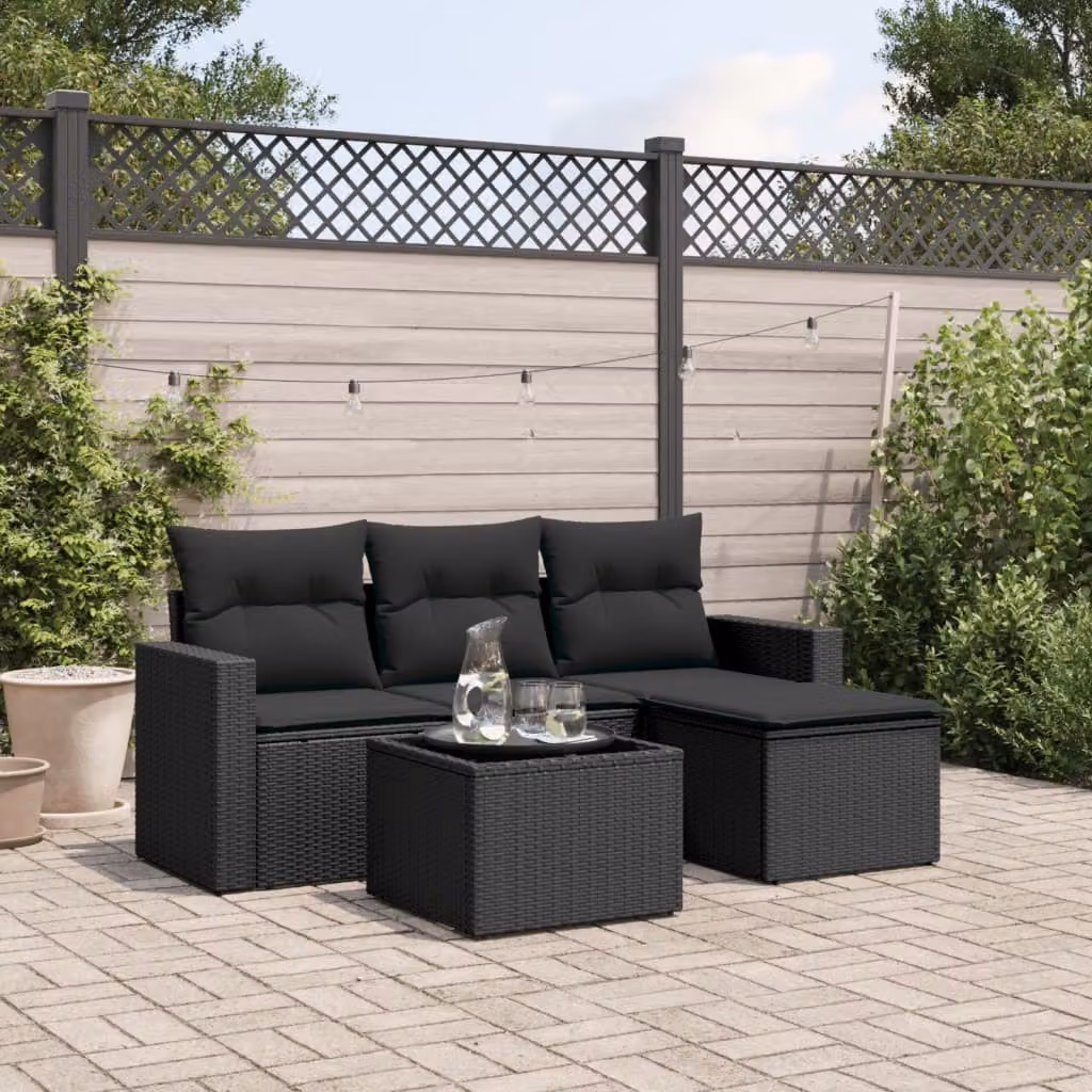 vidaXL Set Divani da Giardino a L 5 pz in Polyrattan Nero con Cuscini e Tavolino da Esterno – 1
