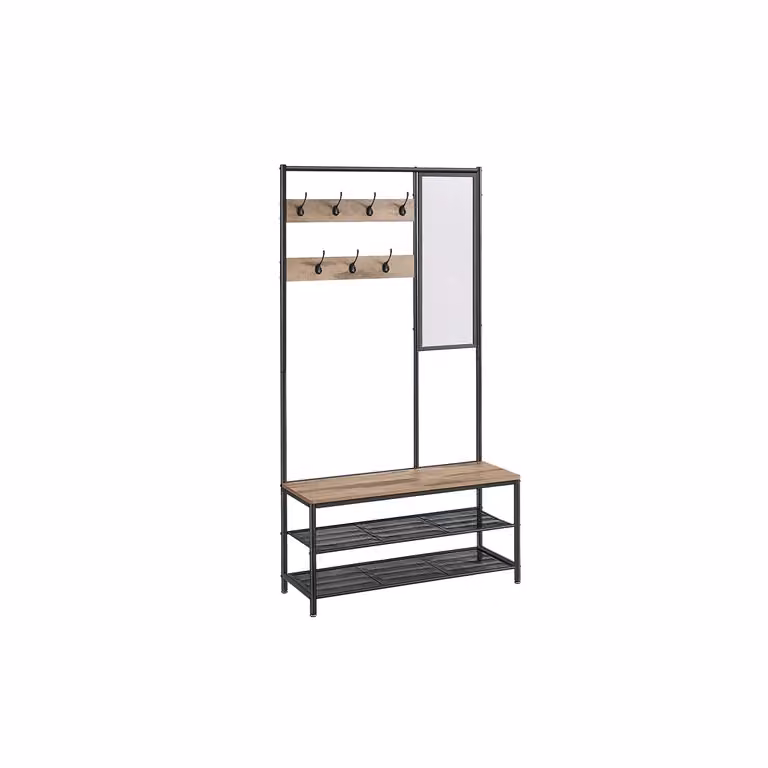 Appendiabiti con Scarpiera, Mobile Ingresso con Ganci, Specchio, Panca e Ripiani, 35 x 98 x 180 cm, Marrone Cammello + Nero