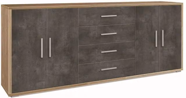 Madia credenza mobile con 4 ante e 4 cassetti 203x41x84H cm in kit di montaggio colore Noce Stelvio e Ossido nero