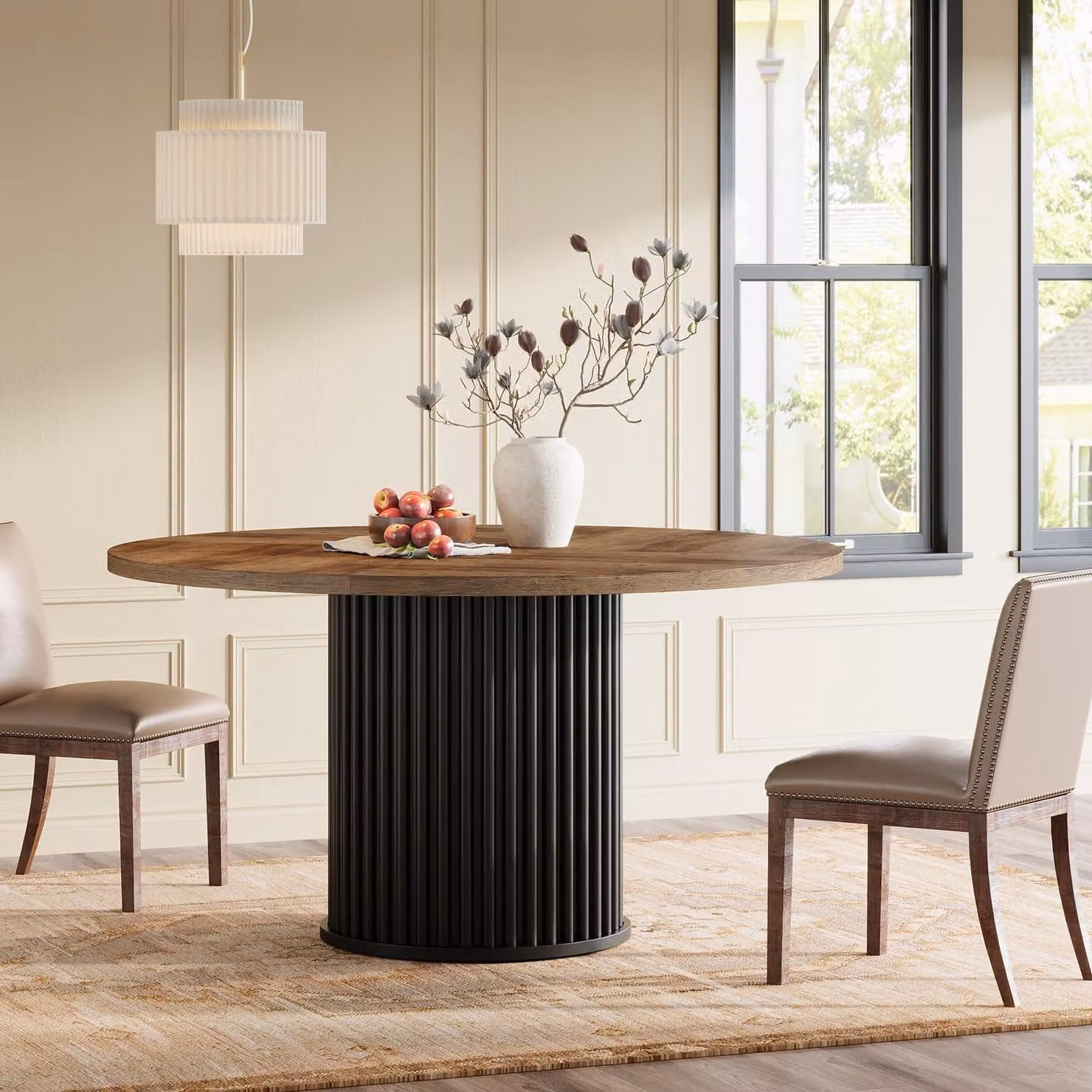 Tavolo da pranzo rotondo Tribesigns, tavolo da pranzo nero da 120 cm per 4 persone, tavolo da pranzo con robusta struttura in metallo, mobili da sala da pranzo moderni (marrone + nero)