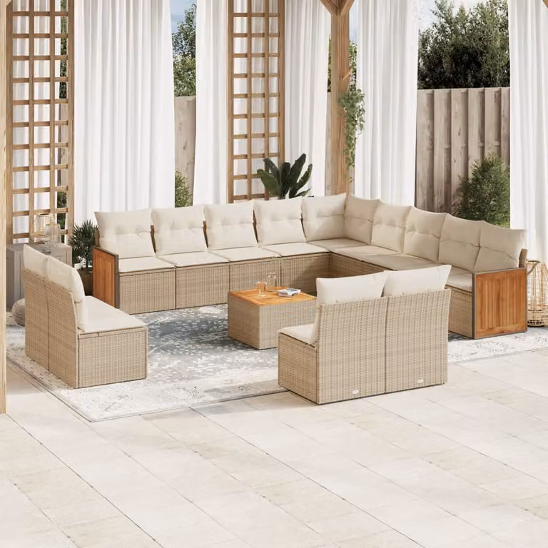 Set Divani da Giardino vidaXL a forma a U con Cuscini Beige e Tavolino da Caffè in Polyrattan e Legno di Acacia