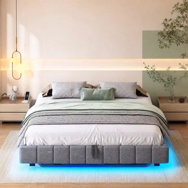 Letto contenitore Mivray imbottito con sollevamento pneumatico e illuminazione LED grigio L/P/H: 160 x 200 x 31 cm – 1
