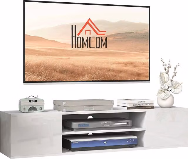 Mobile TV sospeso HOMCOM in stile moderno bianco con 2 armadietti, 2 nicchie e passacavi, L 140 x P 30 x H 30 cm – 1