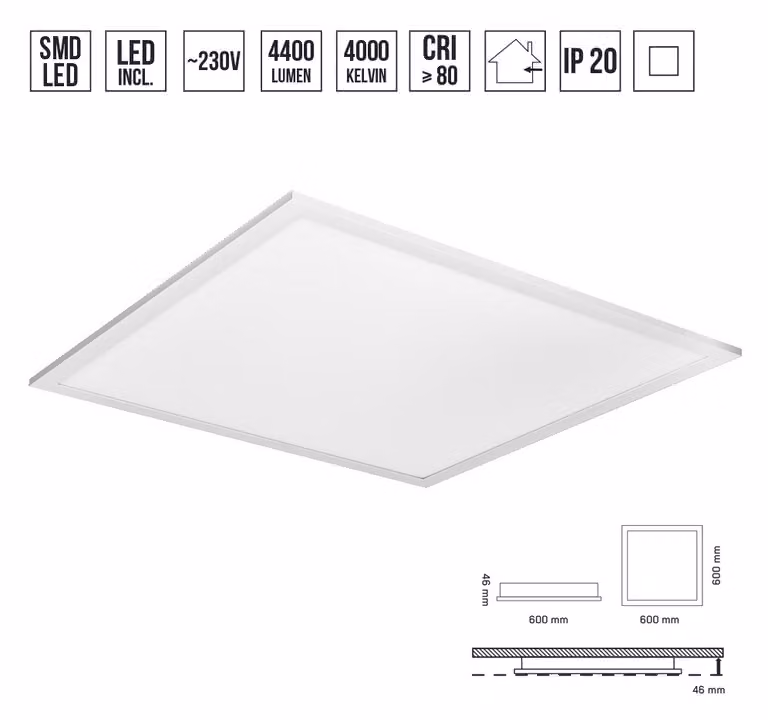 Plafoniera LED ALVARO 40W, 4000K, IP20, bianco L: 600, L: 600, H: 46
