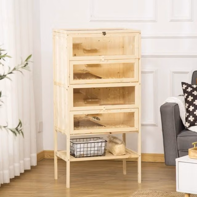 Gabbia per piccoli animali WISHDOR in legno e metallo con 5 livelli, tetto a griglia e finestre in plexiglas, colore beige, L: 60 cm, P: 40 cm, H: 120 cm – 1