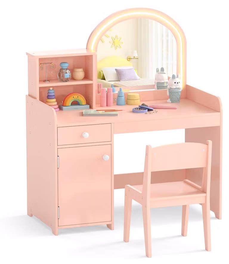 COSTWAY Set da trucco 2 in 1 per bambini, tavolino da parrucchiere con sgabello, luci LED, specchio, armadietto e cassetto, tavolino da trucco per bambini dai 3 anni in su, rosa chiaro