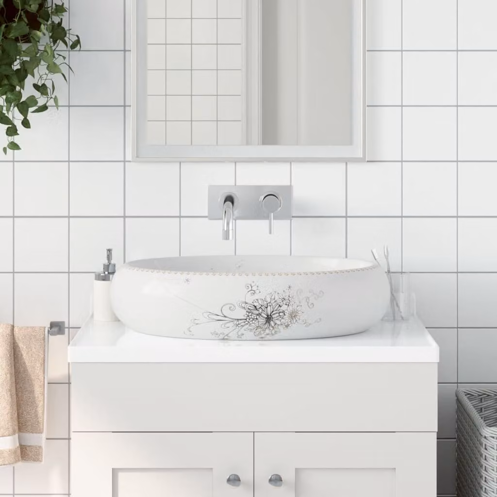 Lavabo da appoggio ovale vidaXL in ceramica bianca L: 59 cm, P: 40 cm, H: 15 cm