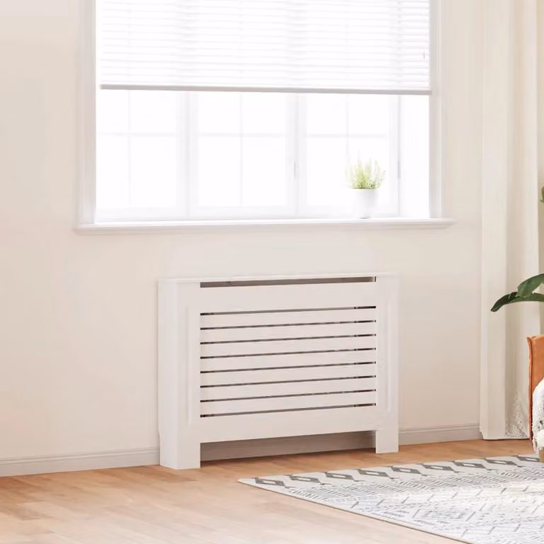 Copertura per radiatore vidaXL bianca in MDF con design a strisce, L 112 cm x P 19 cm x H 81,5 cm