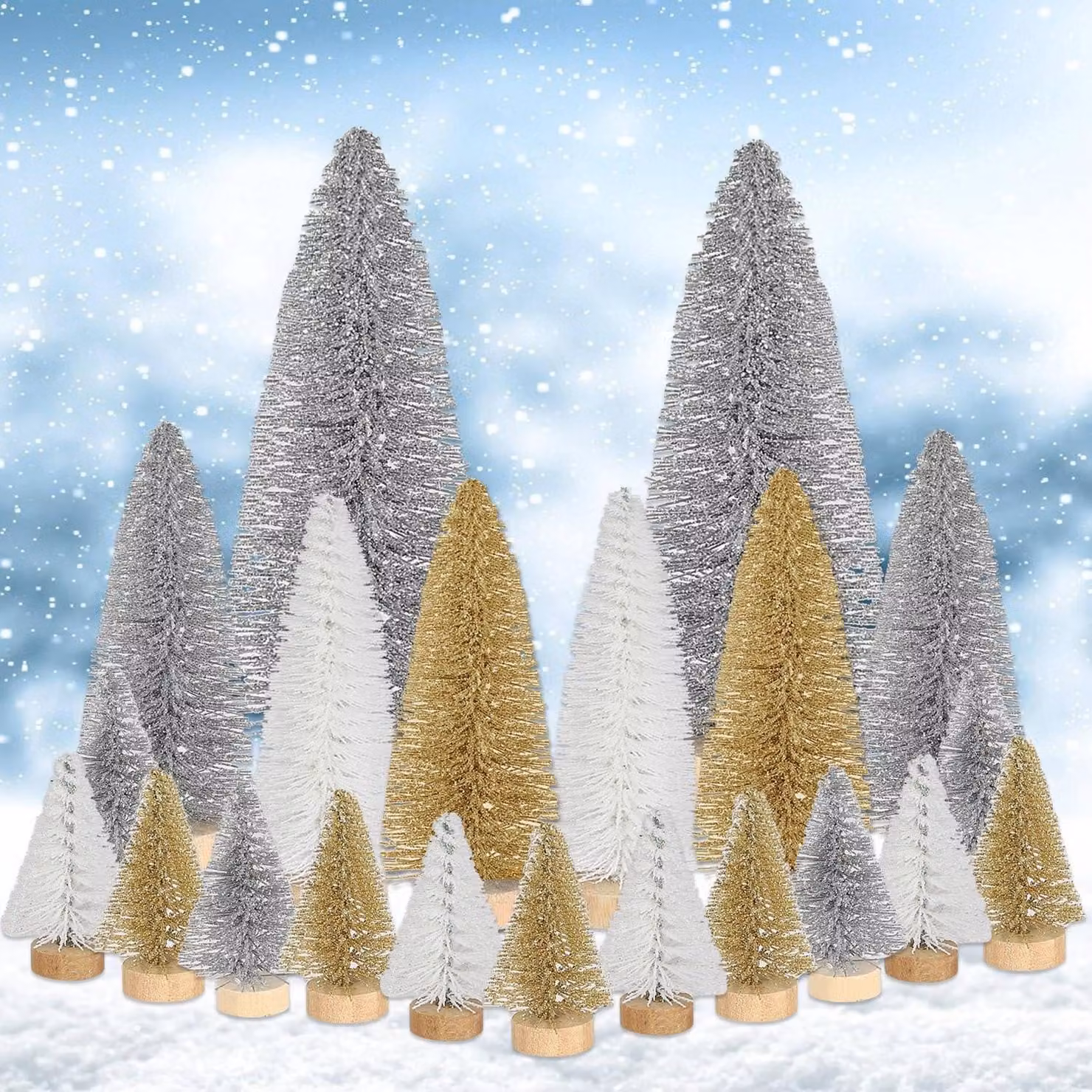 21 piccoli alberi di Natale artificiali, decorazioni natalizie in miniatura, piccoli alberi di Natale argentati, bianchi e dorati, da 4,5/10/15 cm, ideali per decorare tavoli, per decorazioni invernali e come accessori per villaggi natalizi