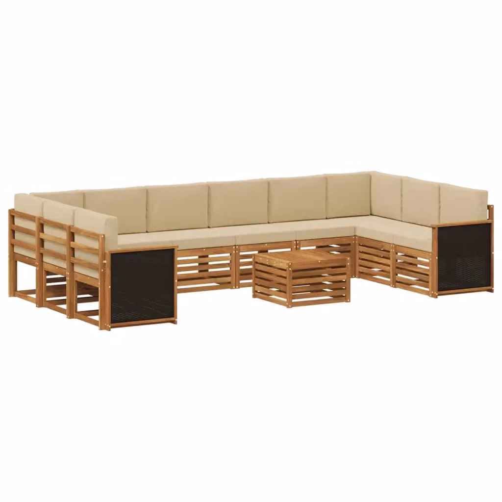 Set di divani da esterno vidaXL in legno di acacia con cuscini, beige e marrone, composizione a L con tavolino da caffè, 11 pezzi – 2