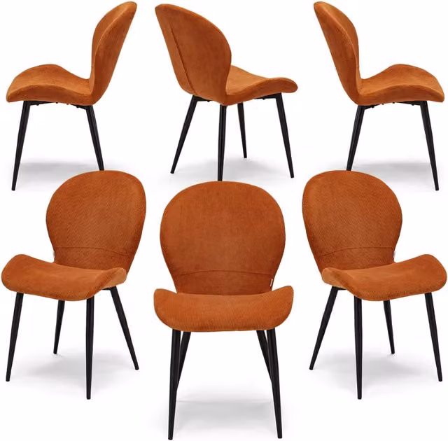 Set 6 sedie imbottite per sala da pranzo AISHA, design moderno, gambe coniche robuste in metallo, rivestimento in tessuto idrorepellente morbido al tatto colore Ruggine