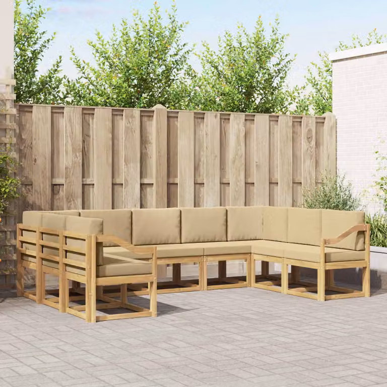 vidaXL Set di divani da esterno a L in legno di acacia con cuscini, Bianco e Beige