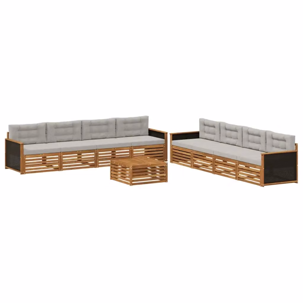 Set di divani da esterno a forma di U con tavolino da caffè vidaXL in legno di acacia, colore beige e grigio, composto da 9 pezzi con cuscini inclusi – 2