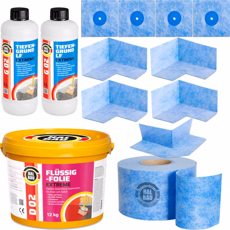 Kit di sigillatura per interni ed esterni, composto da: membrana liquida da 12 kg, nastro sigillante da 15 metri, sigillante per angoli e primer H321