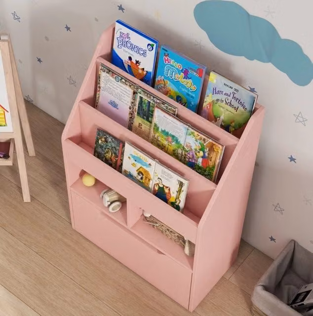 Libreria per bambini rosa con cassetto e 5 vani, 60x29,9x90 cm