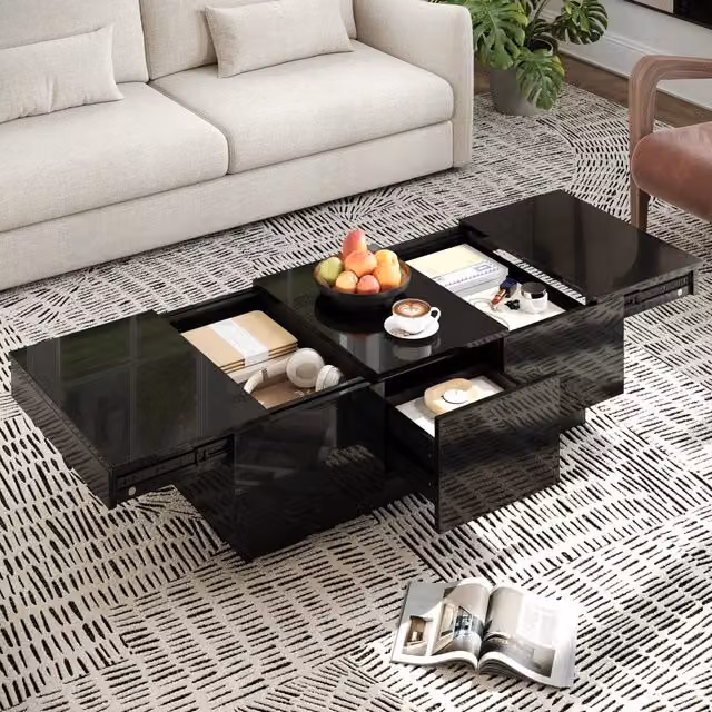 Tavolino da salotto con 2 cassetti e vani scorrevoli, finitura nero lucido, in truciolare, 100 × 31 × 50 cm