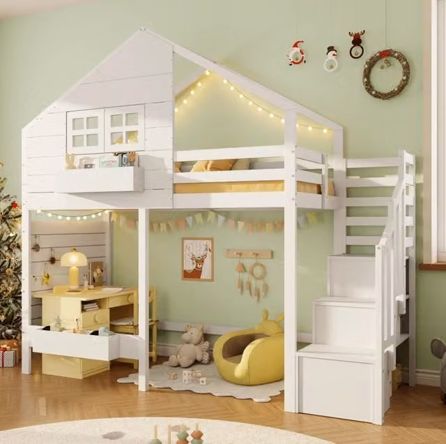 Letto a castello 90x200 cm con scala contenitore e finestra in legno e MDF bianco