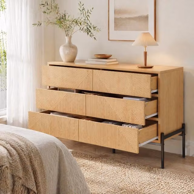 Madia REDOM in MDF Naturale con 6 Cassetti e Gambe in Metallo, L: 115,5 cm, P: 38 cm, H: 75 cm
