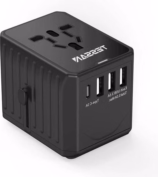 Adattatore universale da viaggio Tessan con 3 porte USB e USB-C, colore nero