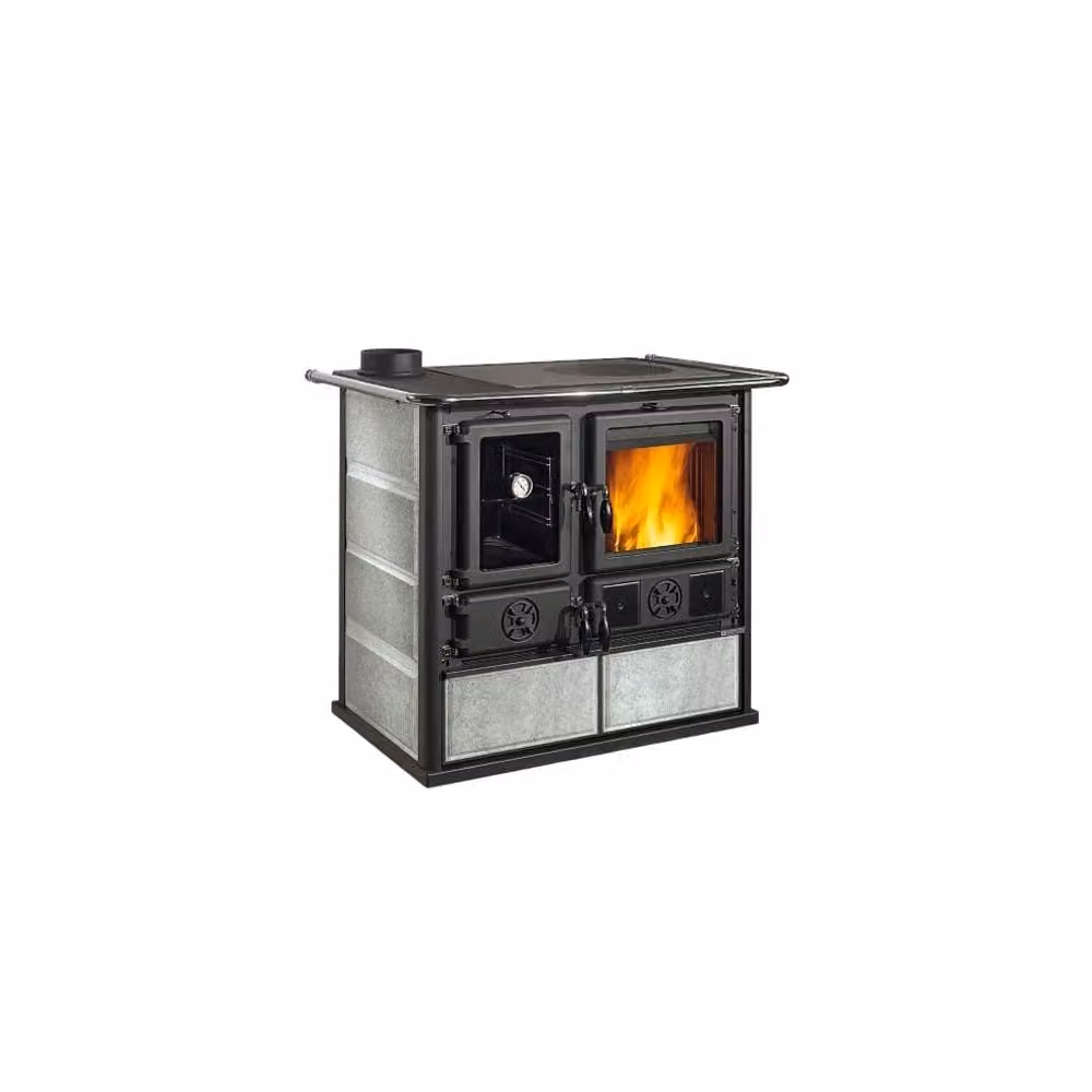 Stufa a legna Nordica Petra Reverse colore grigio con lato destro rosa sinistra – 2