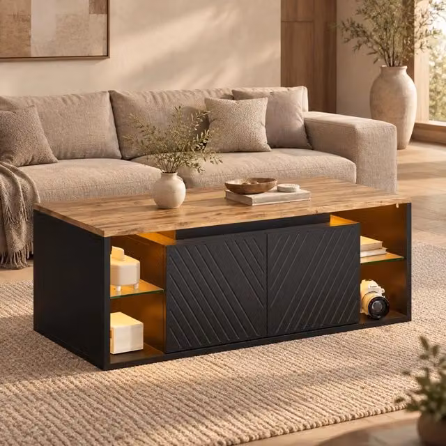 Tavolino da salotto 100x50 cm con LED; 2 ante e vano semiaperto; nero effetto legno HAVRYA