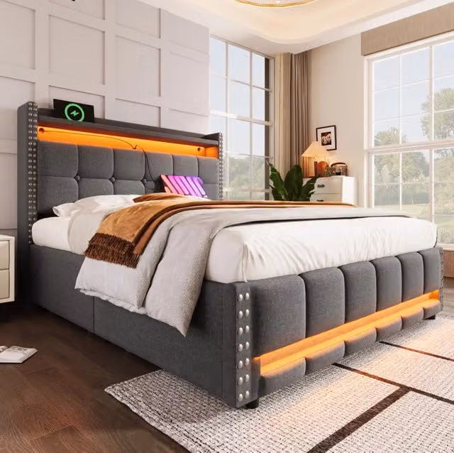 Letto imbottito 160x200 cm con contenitore; LED e USB in tessuto di lino grigio