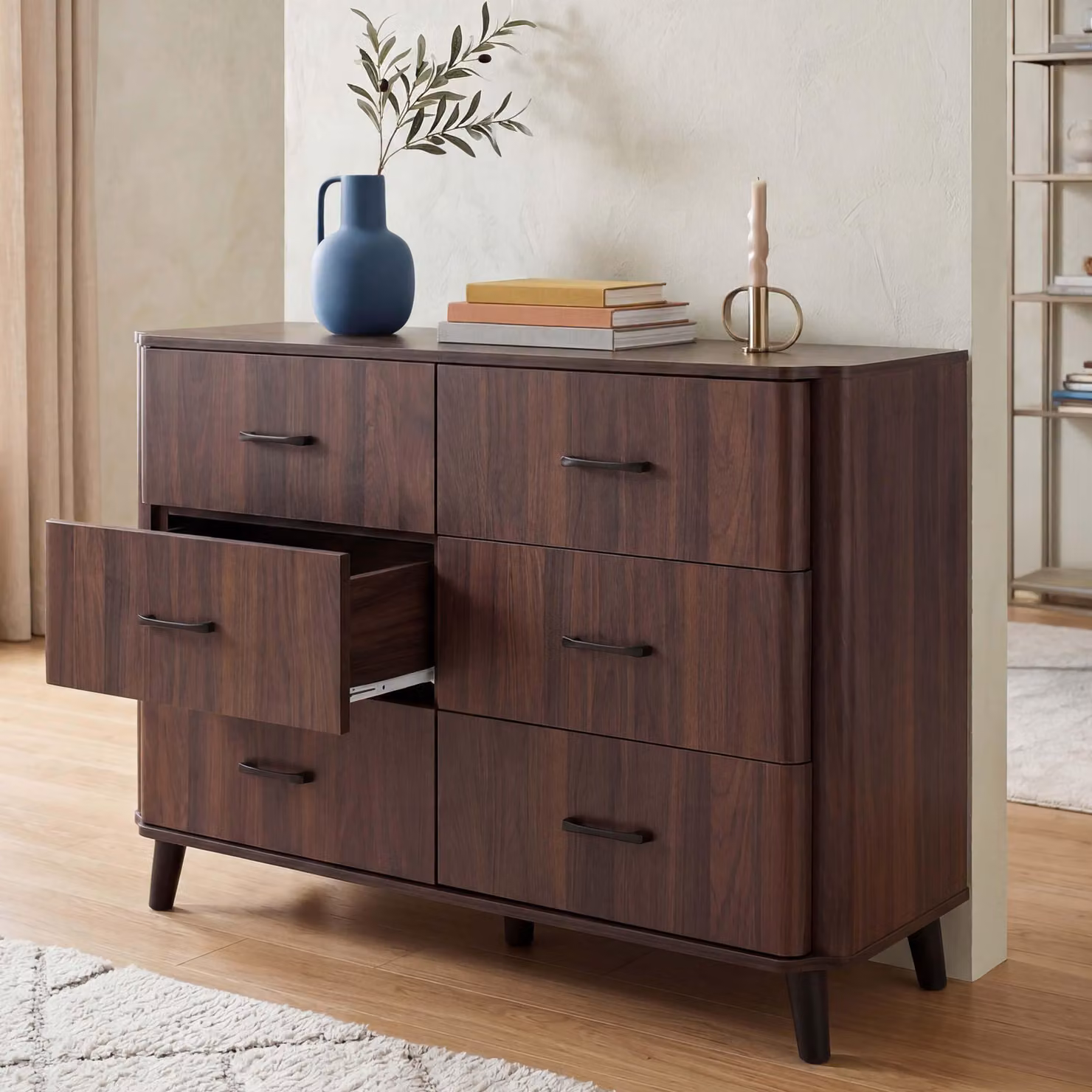 Comò MCW-P42, credenza, 6 cassetti 86x120x40 cm ~ effetto noce