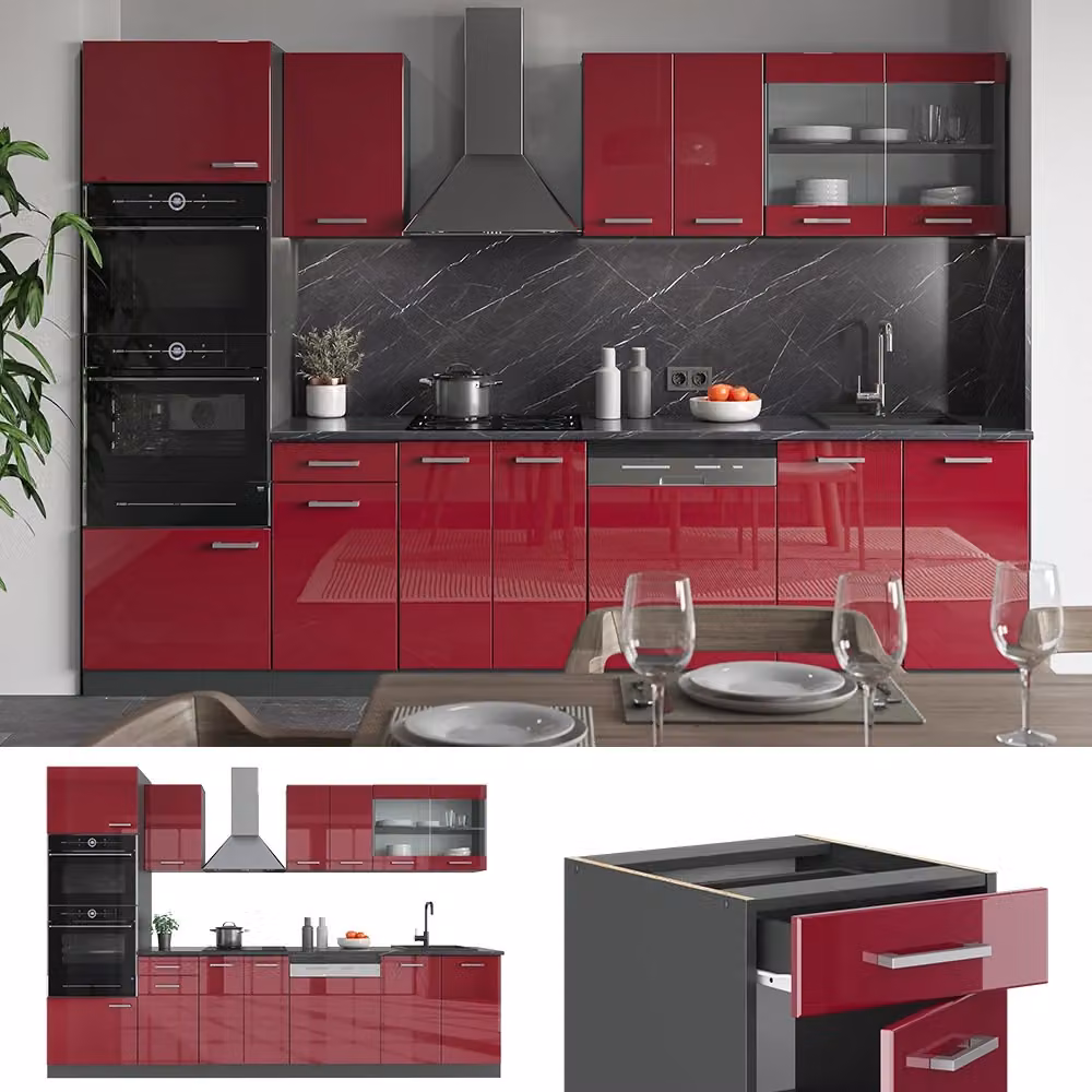 Cucina componibile moderna Vicco R-Line Rosso lucido e Antracite con armadio alto, L: 300 cm – 2