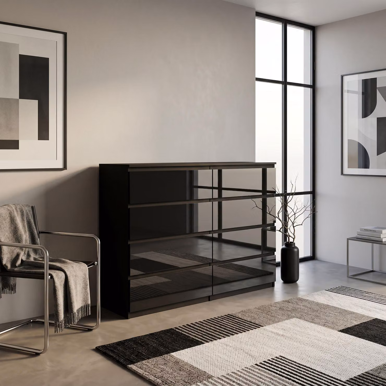 Comodà Masseno NUDO da 138,5 cm con 8 cassetti e ante, per soggiorno e camera da letto, stile moderno, 138,5 x 39 x 101,5 cm, nero / nero