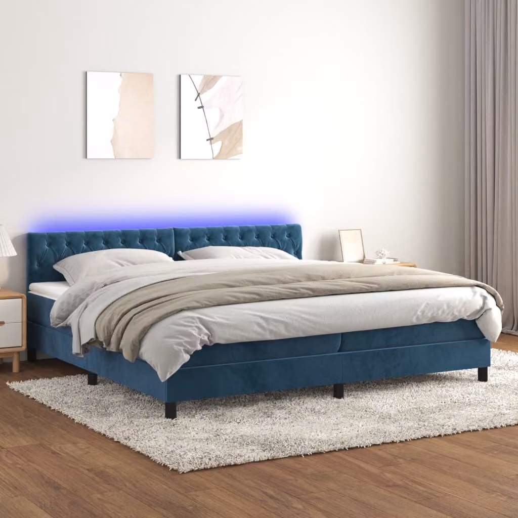 The Living Store Letto a molle con materasso e LED in velluto blu scuro 200x200 cm