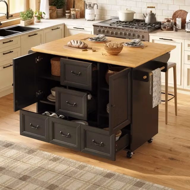 Carrello da cucina con piano pieghevole, 2 ante, 5 cassetti, ripiani regolabili e portaspezie su ruote per cucina, nero