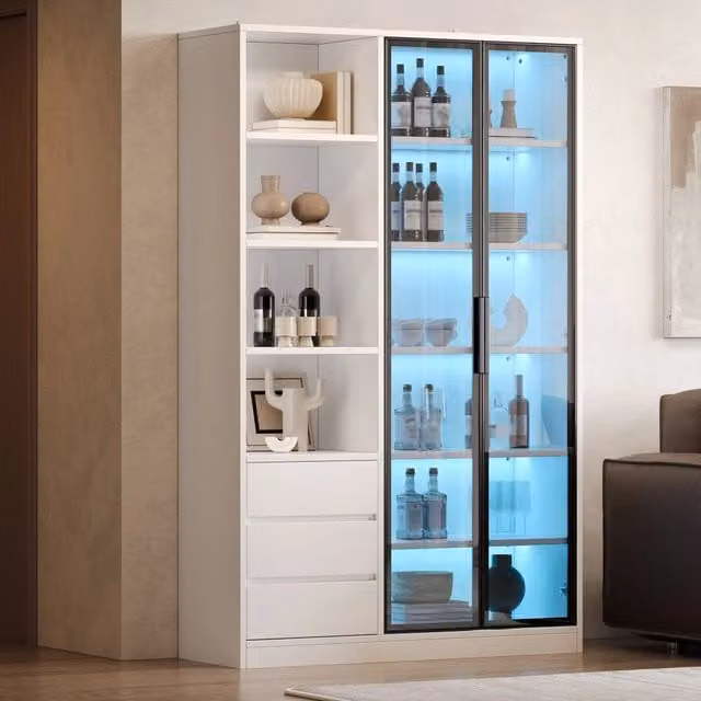 Vetrina, credenza, cantinetta, 3 cassetti, 2 ante in vetro, ripiani regolabili, illuminazione a LED, bianco