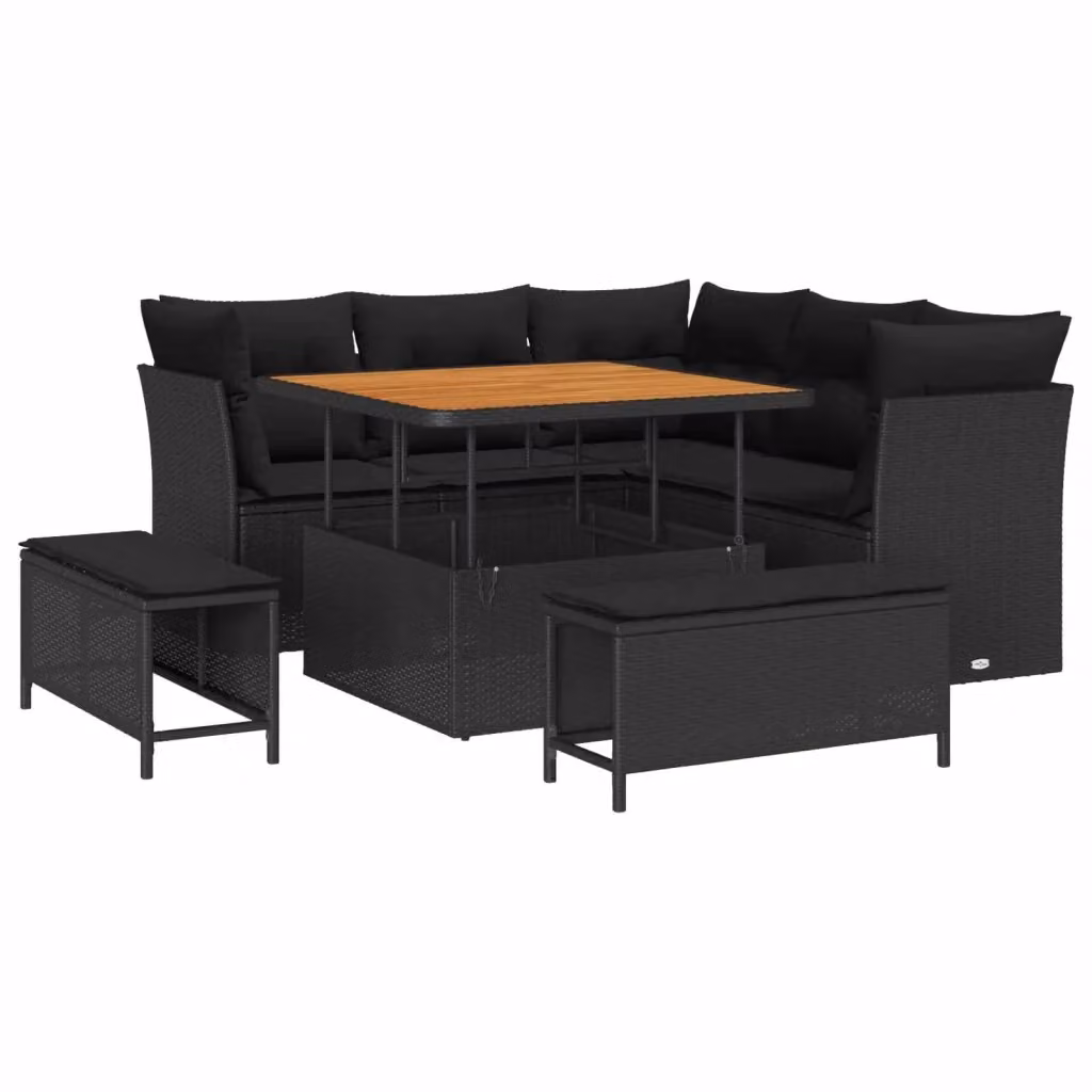 Set Divano da Giardino Moderno vidaXL 8 Pezzi Nero con Cuscini e Tavolino in Metallo e Legno di Acacia – 2
