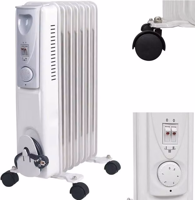 Radiatore Elettrico ad Olio Trade Shop Traesio da 2000W con 9 Elementi, Bianco, con Ruote e Termostato