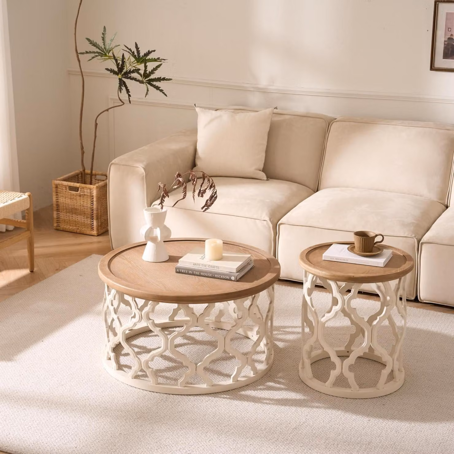 Tavolino da caffè rotondo, set da 2, diametro 76/45 cm, legno massello, bianco anticato