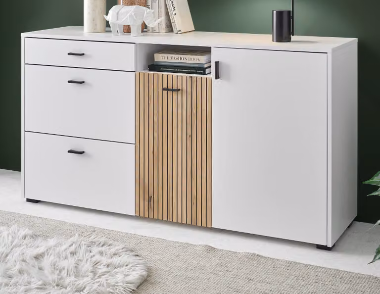 Cassettiera "Merced" bianca con rovere 150 cm, funzione soft-close e look a bastone