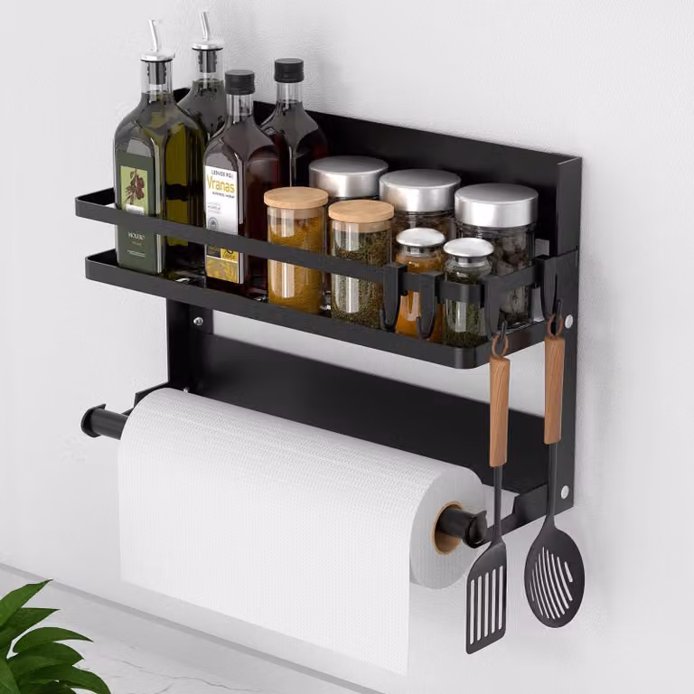 Portaspezie da parete, porta rotolo da cucina e 4 ganci, acciaio inossidabile, nero
