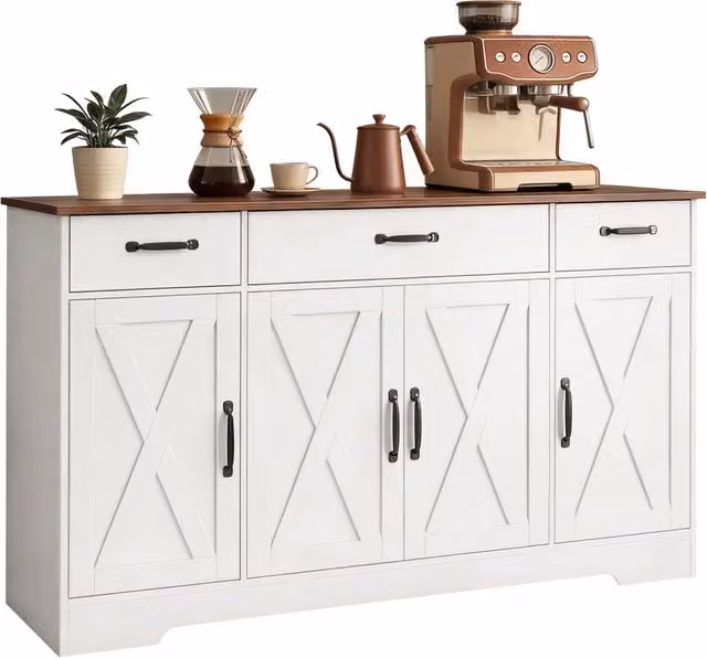 Buffet, meuble de rangement cuisine style ferme avec 4 portes de grange, 3 tiroirs, étagères ajustables, blanc