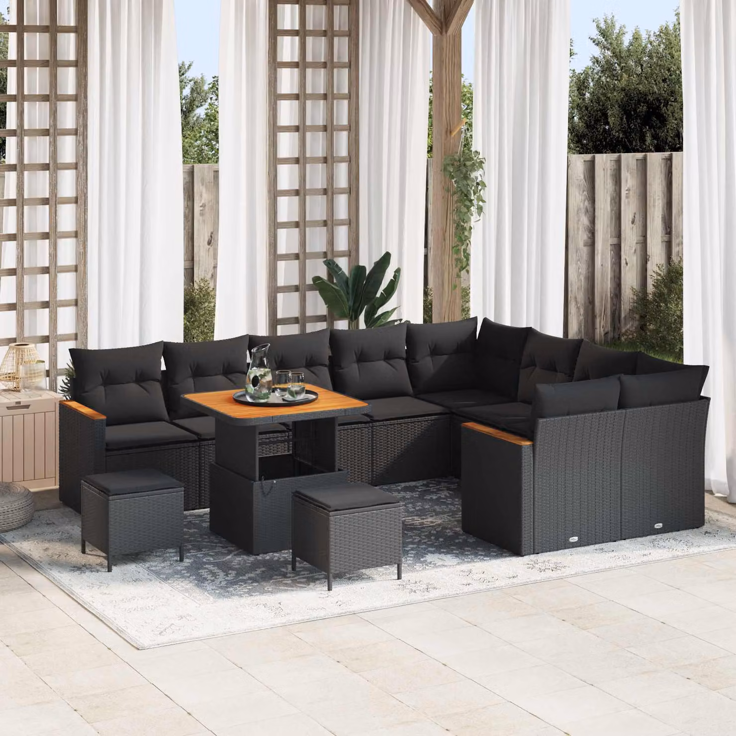 Set Divano da Giardino vidaXL 12 Pezzi in Polyrattan Nero con Cuscini e Tavolino – 1