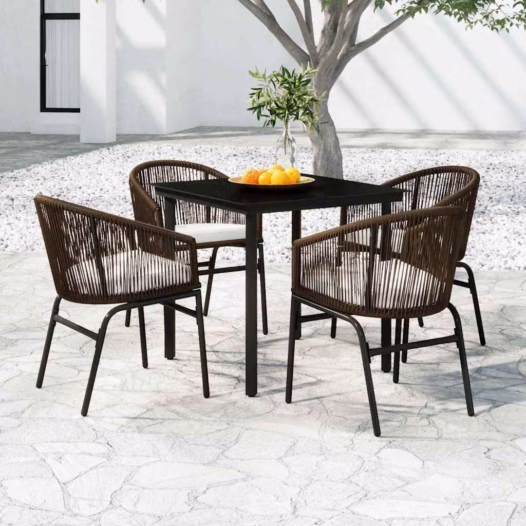 Set da giardino vidaXL composto da 5 pezzi in stile moderno con tavolo quadrato in vetro e sedie marroni in acciaio verniciato a polvere