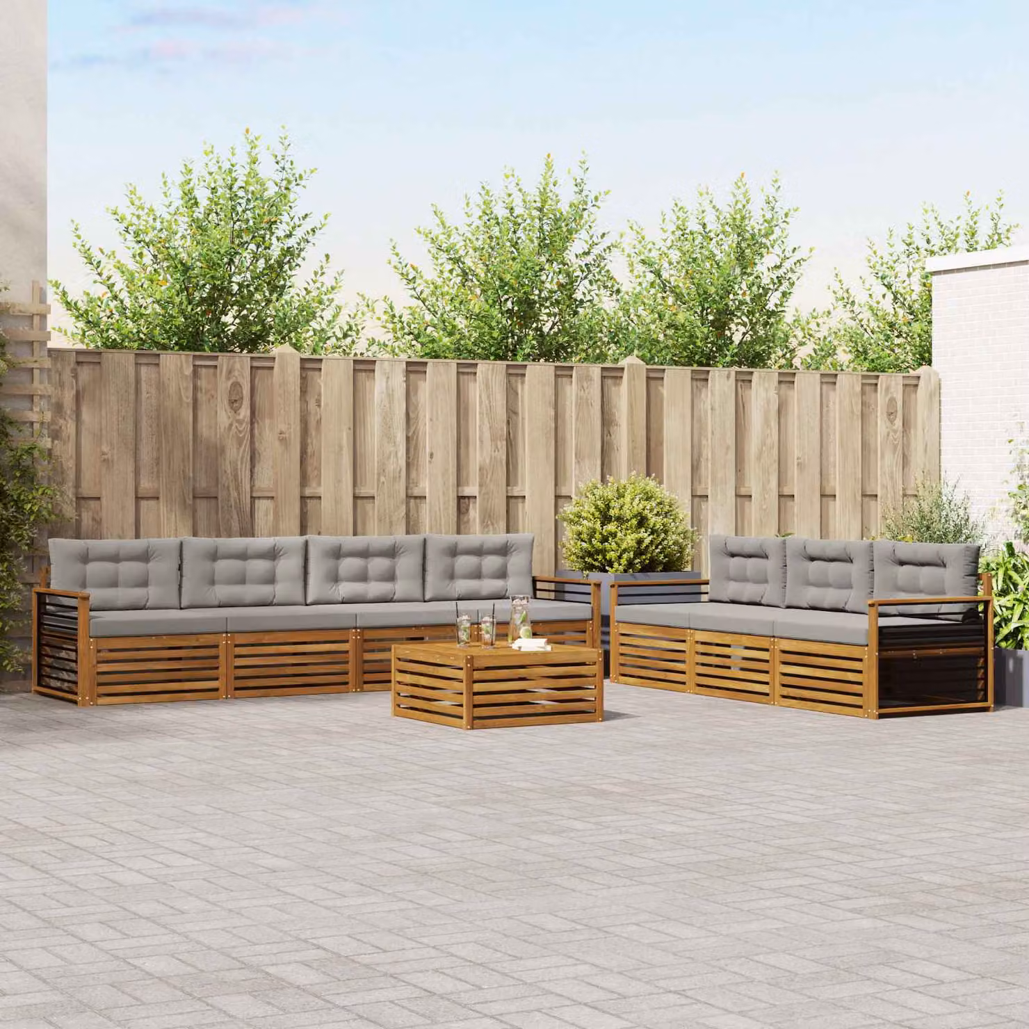 vidaXL Set di divani da esterno a forma di U in legno di acacia con tavolino da caffè, 8 pezzi, Beige e Grigio