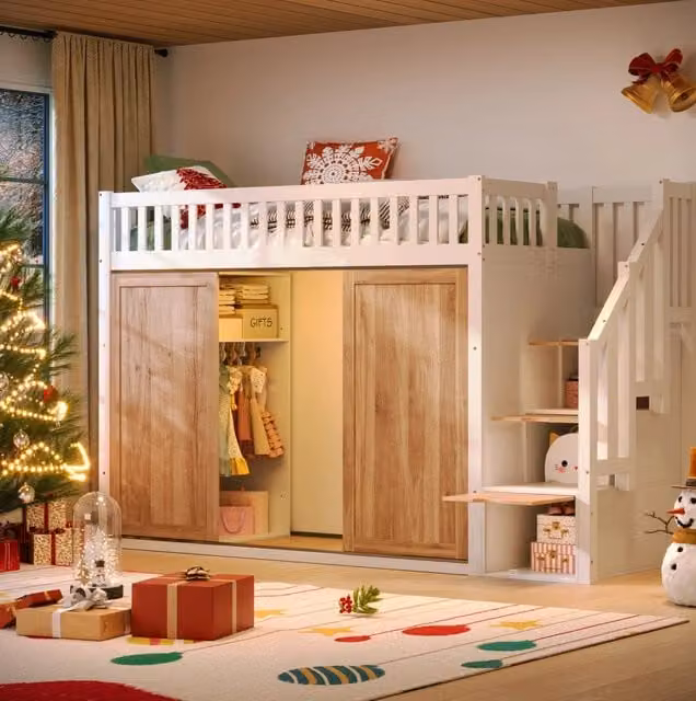 Letto a soppalco singolo per bambini con armadio, scala contenitore e luci, colore rovere e bianco, L/P: 200 x 90 cm