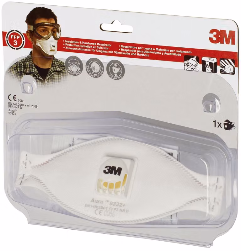 Come nuova - Maschera antiparticolato 3M 9332+C Aura per lavori di isolamento e su legno duro, protezione delle vie respiratorie