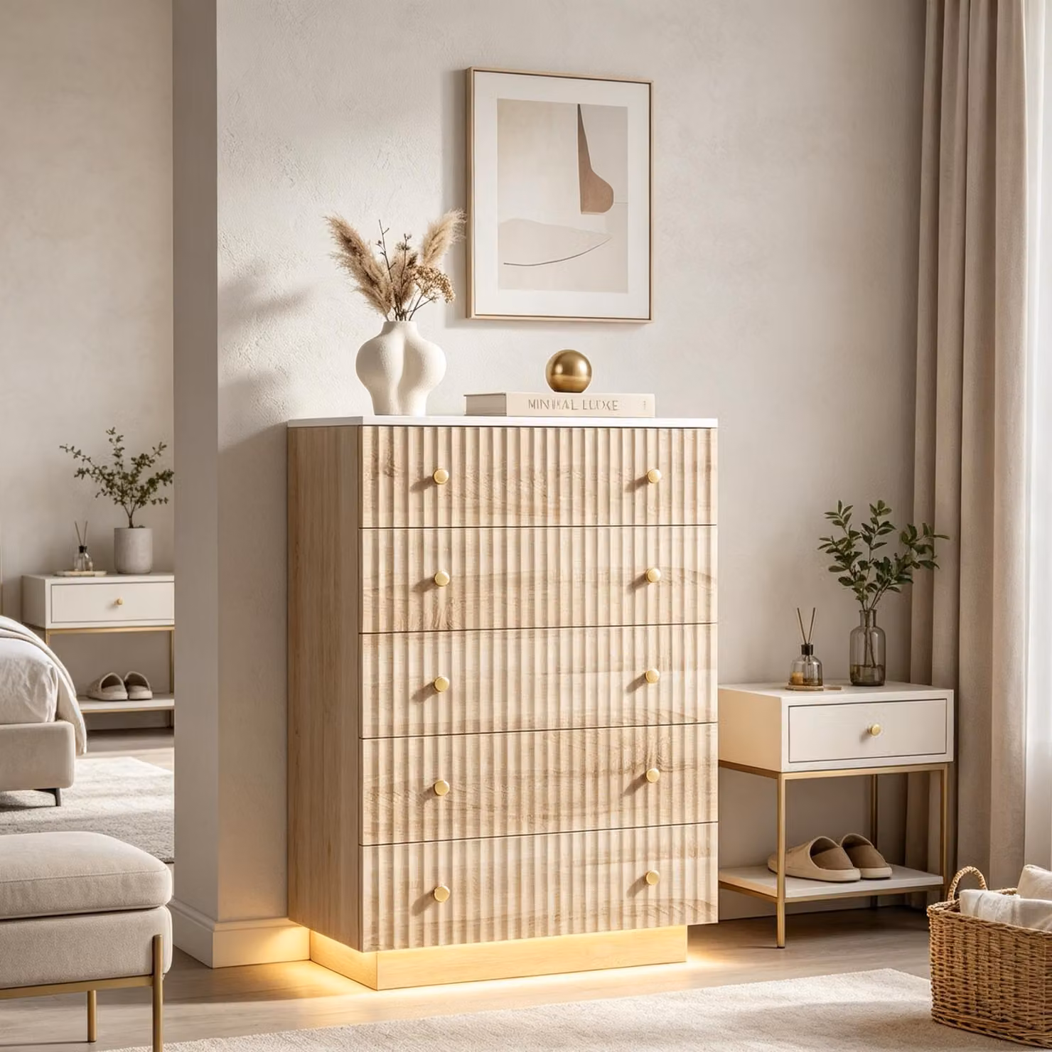 Comodino INONEFT con 5 cassetti, mobile contenitore in legno con illuminazione LED, mobiletto contenitore con sistema di sicurezza anticaduta, mobile per l'ingresso con spazio contenitivo, finitura in legno naturale