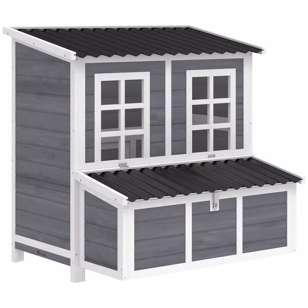 Pollaio XL in legno di abete XYLO grigio con 3 nidi a cassetto estraibile, tetto impermeabile e rampa, L: 100 cm, P: 86 cm, H: 100 cm – 2