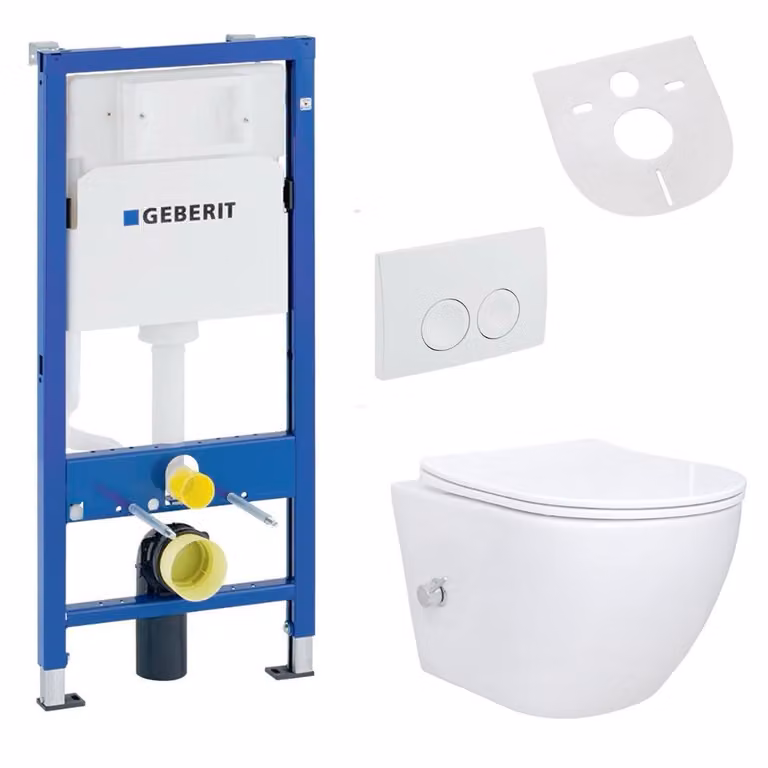 Set WC sospeso senza bordo con funzione bidet Taharet Sedile con chiusura morbida e maniglia a leva con elemento da incasso Geberit UP100