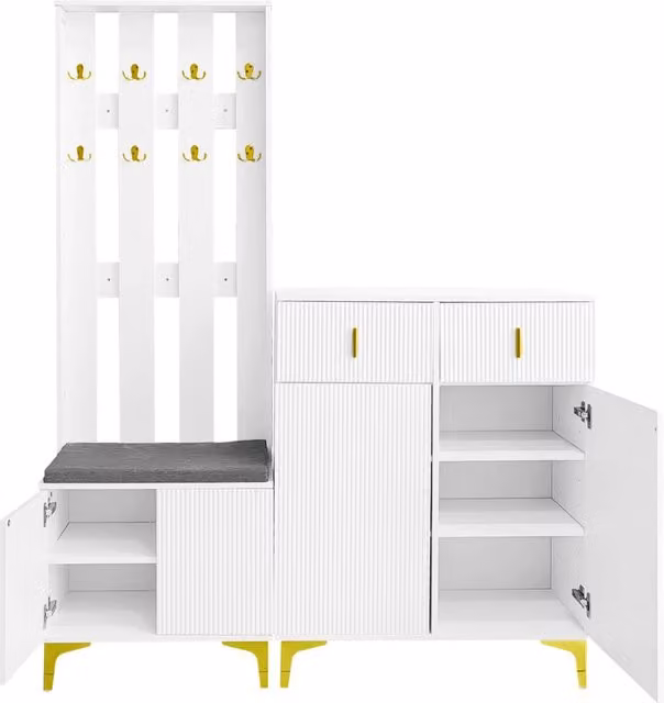 Mobile da ingresso moderno bianco con scarpiera, 2 ante, 2 cassetti e seduta imbottita integrata, L: 180.5 cm, P: 35.2 cm, H: 60.5 cm