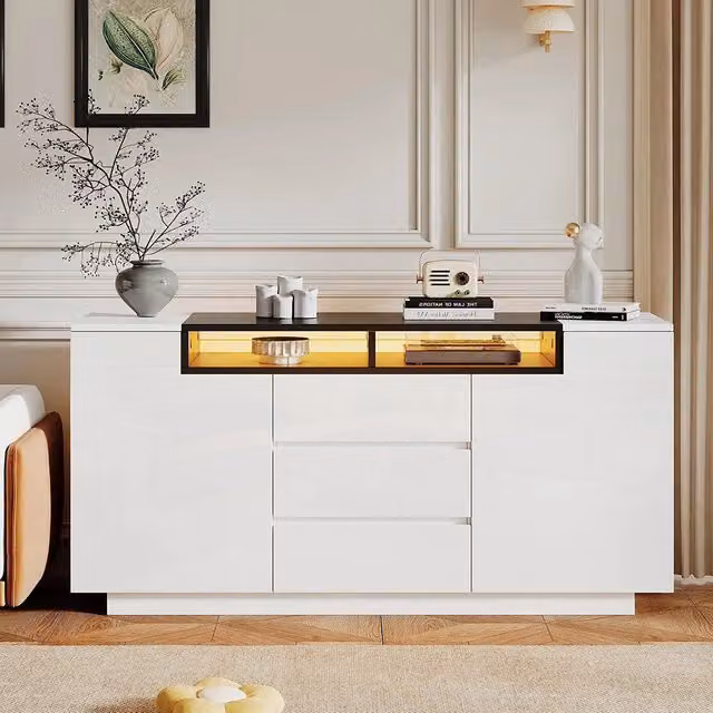 Credenza Soggiorno Angolare 140x40x68cm - Xylo - 2 Ante Lucide con LED Regolabile, Bianco e Nero