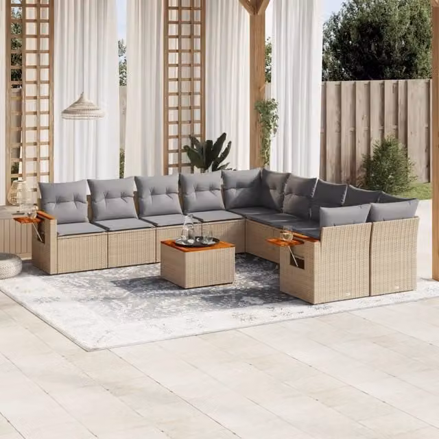 Set di Divani da Giardino a Forma di U vidaXL in Polyrattan con Cuscini Beige e Grigio, 11 Pezzi – 1