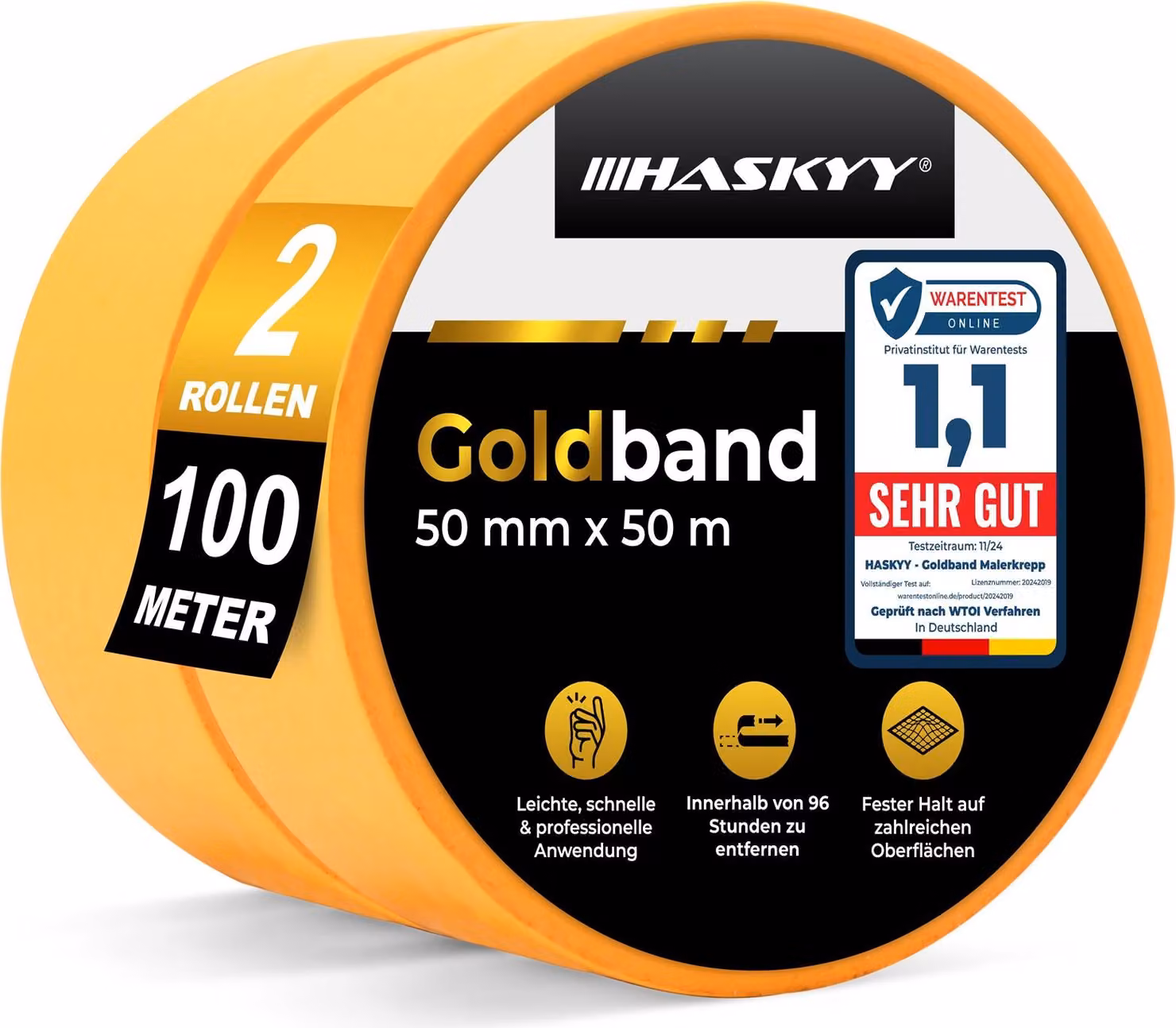 HASKYY, 2 rotoli di nastro adesivo per pittura, nastro di carta, nastro per mascheratura, 50 mm x 50 m, nastro adesivo professionale per proteggere le superfici durante la pittura